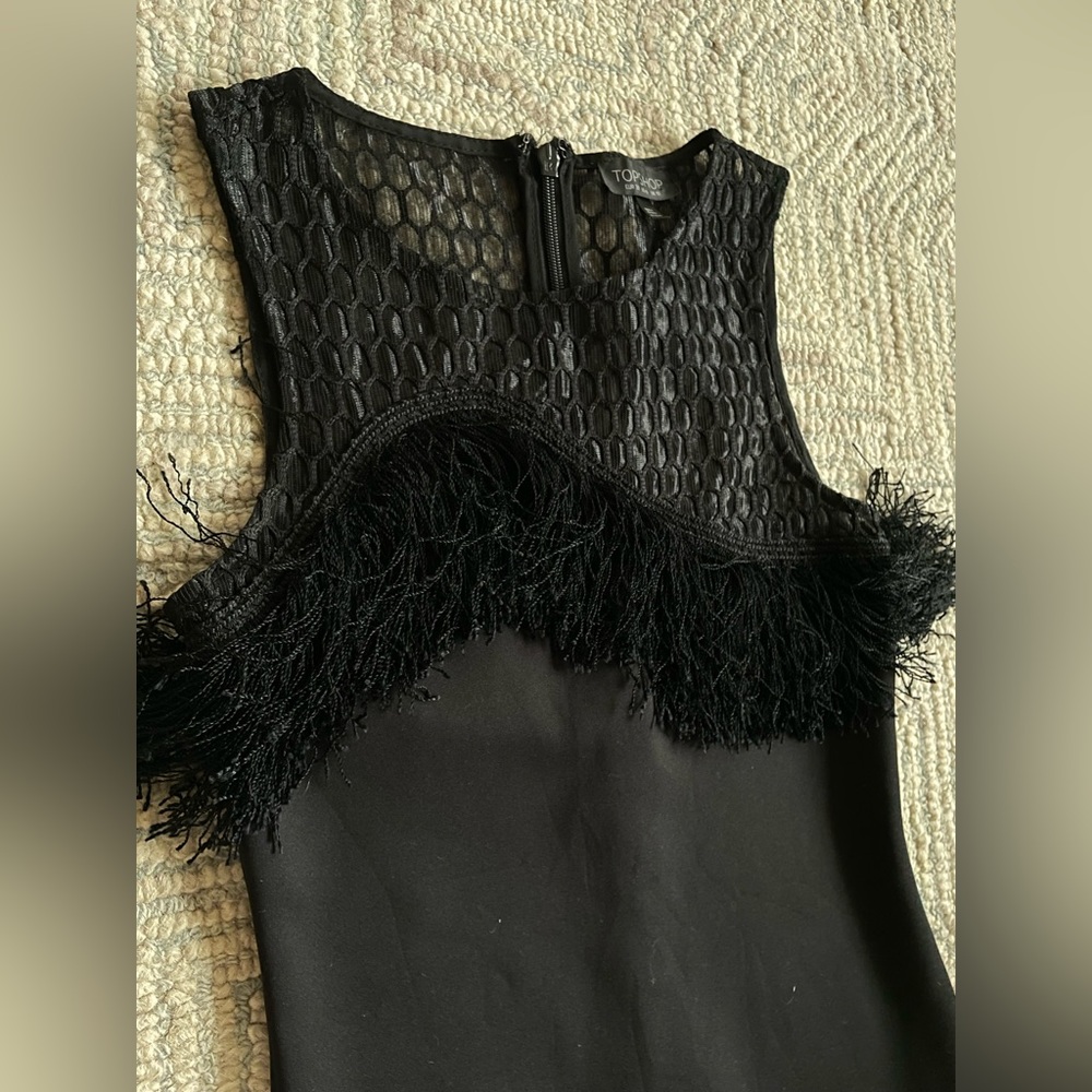 TopShop Mini Black Dress with Mesh Asymmetrical Neckline and Fringe Bodice